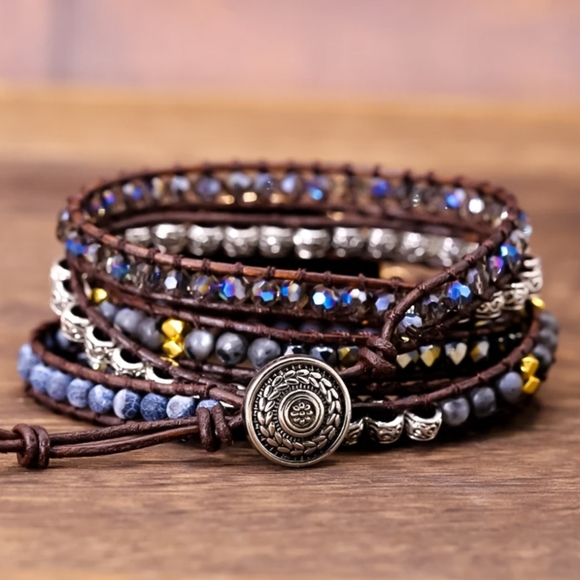 Boho Black Obsidian Leather & Natural Gemstones Wrap Bracelet - Picture 5 of 8